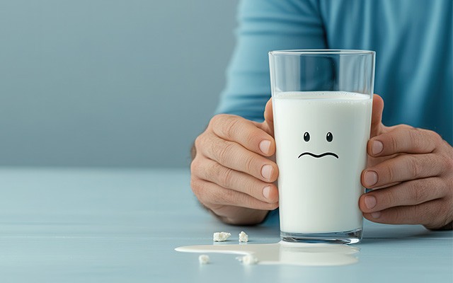 Ein Glas mit einem traurigen Gesicht steht neben verschütteter Milch.