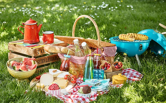 Ein Picknick mit Obst, Brot und Getränken auf einer Wiese.