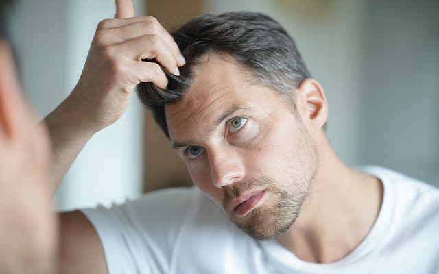 Ein Mann prüft sein Haar in einem Spiegel.