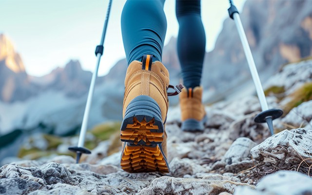 Eine Person wandert mit Stöcken auf einem steinigen Bergpfad.
