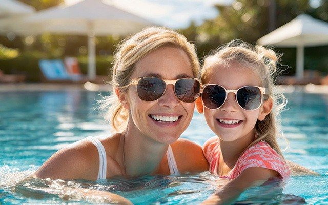 Eine Frau und ein Kind lachen im Pool und tragen Sonnenbrillen.