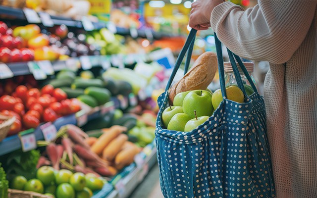 Eine Person trägt eine Tasche mit Obst und Brot im Supermarkt.